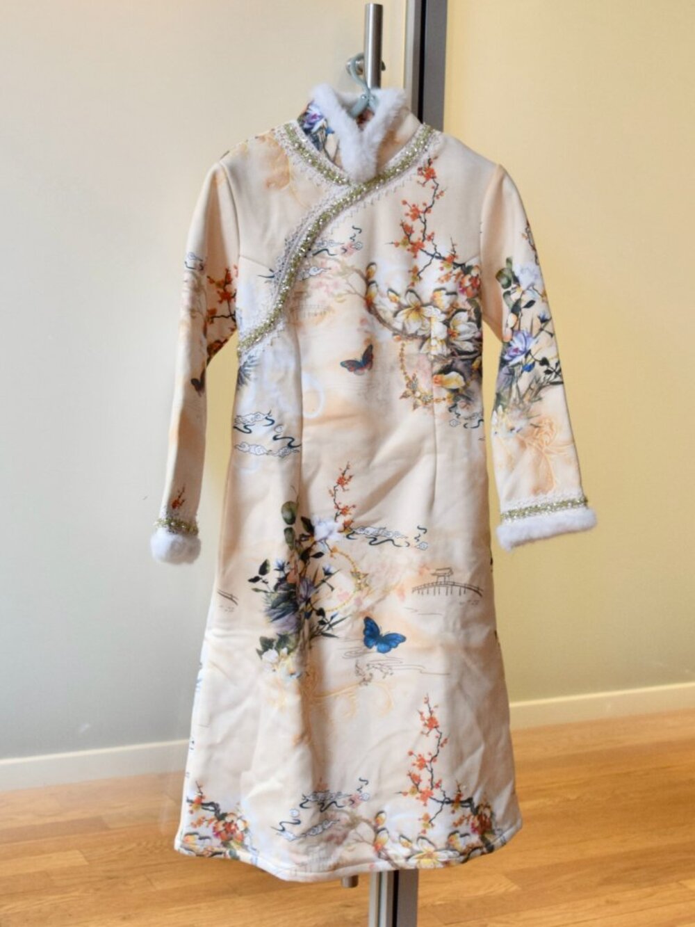 Yellow White Flora Qipao Midi Dress - Faux Suedue Fleece